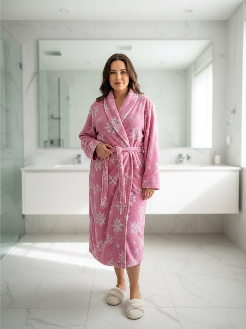 Pink Snowflake Plush Fleece Long Robe Soft Cozycore Sleepwear Housecoat w Belt